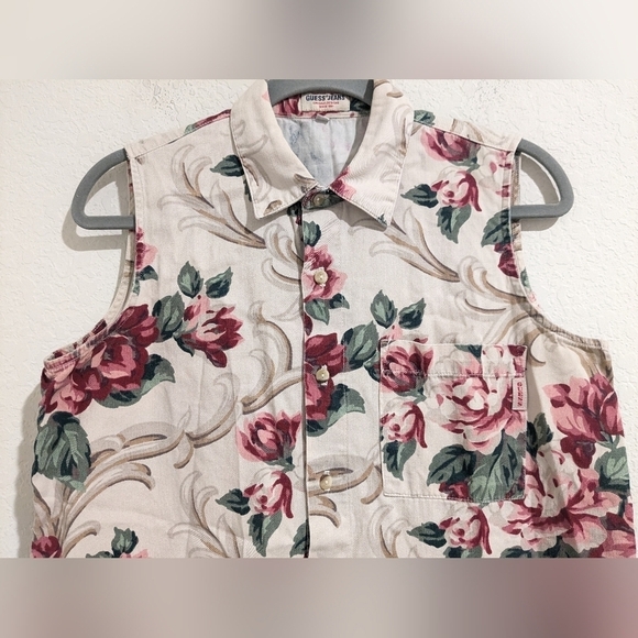 Guess Vintage Off-White Red Floral Button-Up Shirt Vest 90s Grandma - Picture 4 of 11